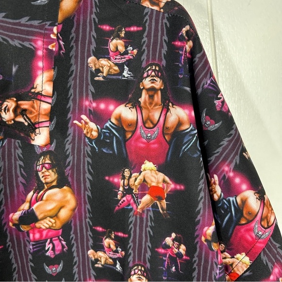 NWT WWE x RSVLTS Allover The Hitman Bret Hart Black Short Sleeve Button Down 4XL - Picture 4 of 9